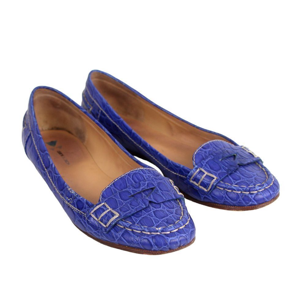 Daniblack BLUE CROCO EMBOSSED REAL LEATHER LOAFER FLATS POINTED TOE SHOES 7.5M
